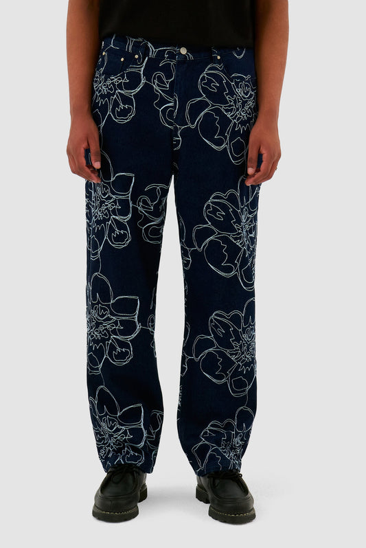 FLOWER STICH PANTS NAVY